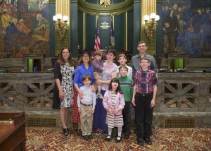 The Parry family, from Exeter Township, was among those making the trip and met with Sen. Baker on the Senate floor. They include Rebekka  and Dan Parry, Rebekka’s mom Sharon Guyer and the Parry’s six children: Noah, Daniel, John, Abigail, Thomas and Ben.