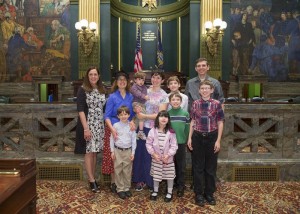 The Parry family, from Exeter Township, was among those making the trip and met with Sen. Baker on the Senate floor. They include Rebekka and Dan Parry, Rebekka’s mom Sharon Guyer and the Parry’s six children: Noah, Daniel, John, Abigail, Thomas and Ben.