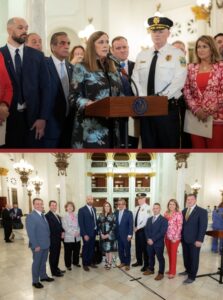 Photo collage of Sen. Baker and other people during a press conference on SB 1284.