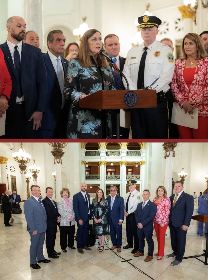 Photo collage of Sen. Baker and other people during a press conference on SB 1284.