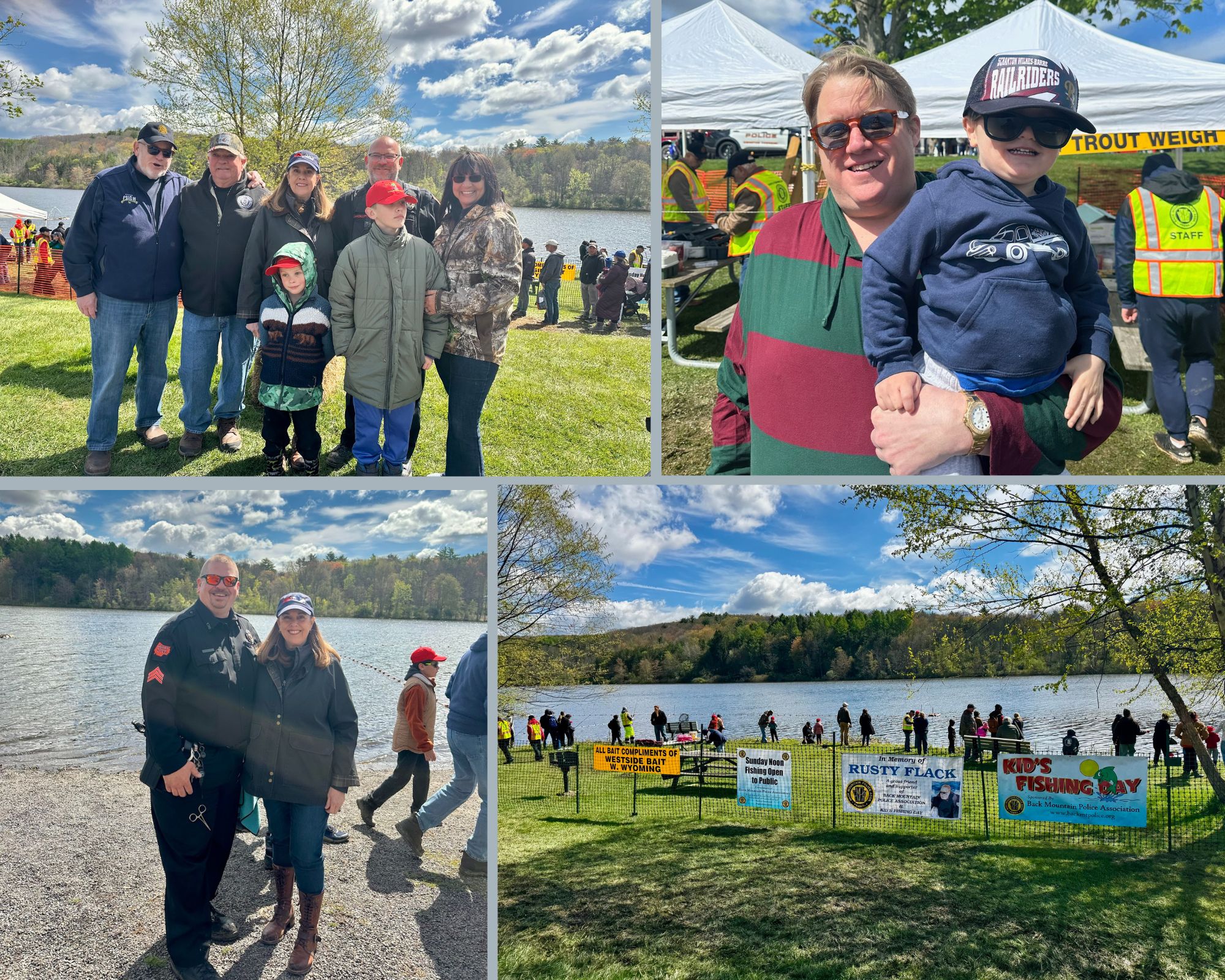 1st picture with Sen. Baker and Rep Pugh with group, 2nd pic is a shot of Frances Slocum Lake and children fishing, 3rd pic is a boy & dad 4th pic is Sen. Baker with a &nbsp;police officer