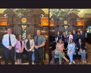 Pic 1: Sen. Baker and Sen. Brown standing with sheriffs; Pic 2: Sen. Baker with standing and seated realtors; Pic 3: Sen. Baker with Cancer Society advocates at the capitol and Pic 4: Sen. Baker with PA Chamber members