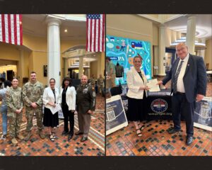 Two Photos: Sen. Baker and Rep. Brenda Pugh standing with three Pennsylvania National Guard members in the Capitol East Wing. Sen. Baker receiving information from a representative of the Pennsylvania National Guard Association.