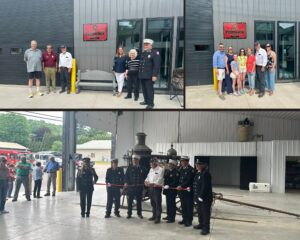 Three Photos: Slideshow of a grand opening celebration, showing Sen. Baker with local officials, a ribbon cutting ceremony, and the Sherwood family standing proudly in front of the new W.A. Sherwood Memorial Fire Hall.