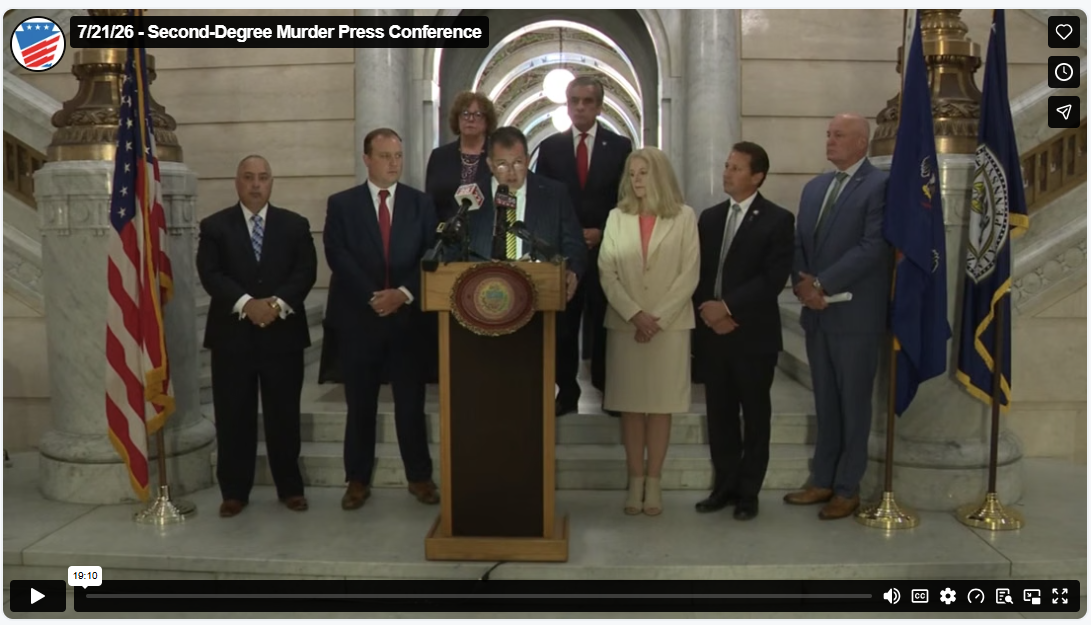 Video of Sen. Baker giving a speech at Luzerne County Courthouse podium alongside district attorneys